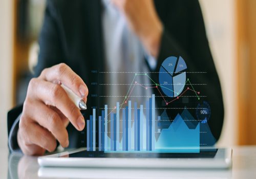 businessman investment consultant analyzing company financial report balance sheet statement working with digital graphs. Concept picture for stock market, office, tax,and project. 3D illustration.